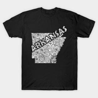 Mandala art map of Arkansas with text in white T-Shirt